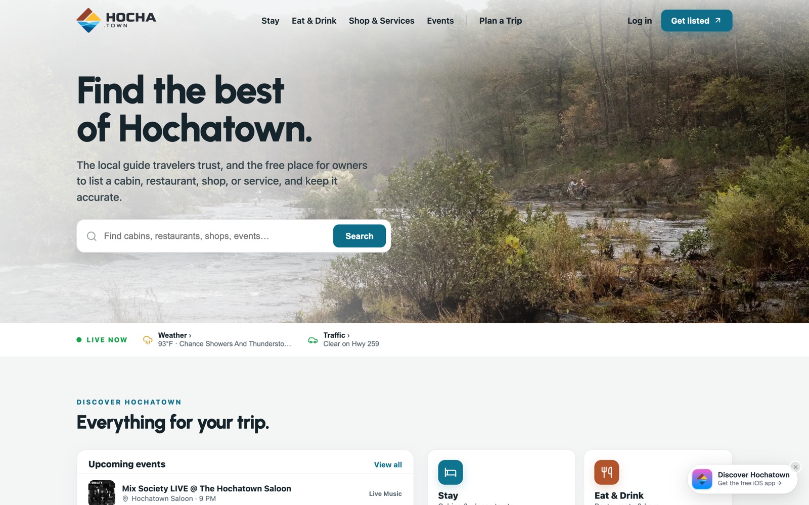 The Hocha.town homepage showing the Beavers Bend river and a search bar